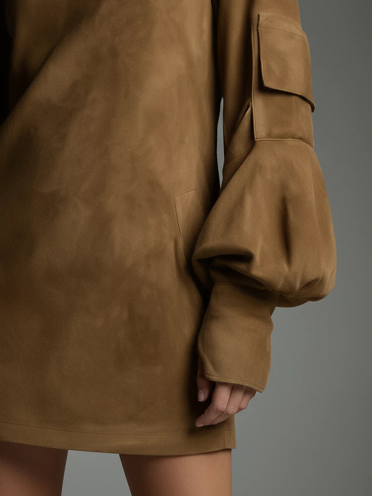 MARCIA | LOOSE SUEDE-LOOK MINI DRESS WITH HIGH NECK