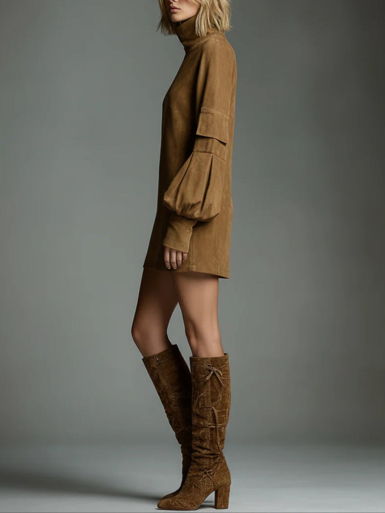 MARCIA | LOOSE SUEDE-LOOK MINI DRESS WITH HIGH NECK