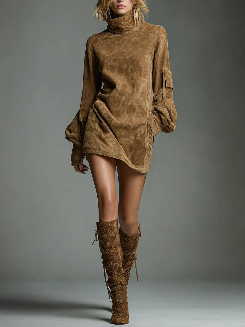 MARCIA | LOOSE SUEDE-LOOK MINI DRESS WITH HIGH NECK