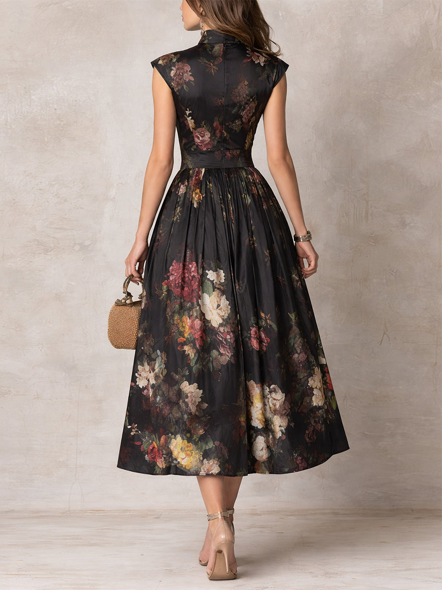 ELENORA | FLORAL PLEATED SATIN MIDI DRESS