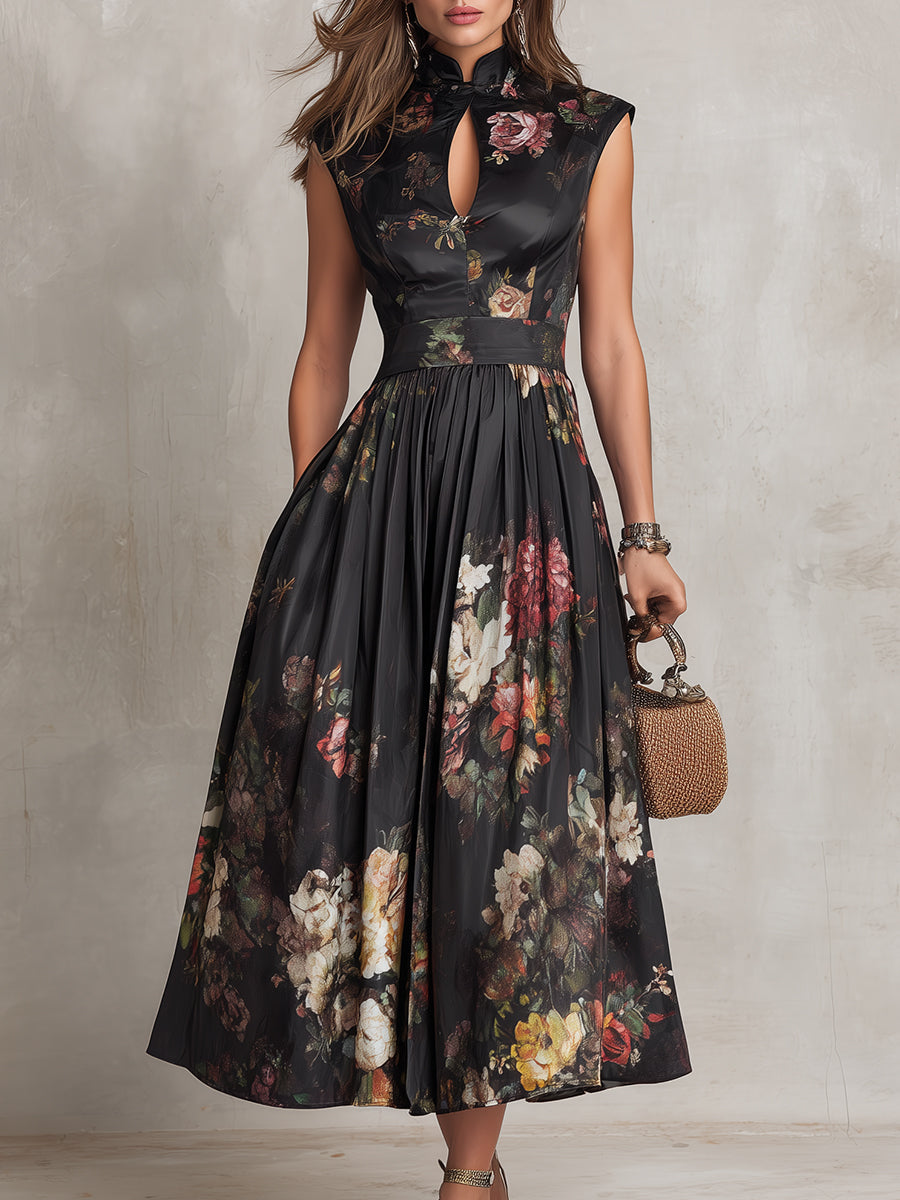 ELENORA | FLORAL PLEATED SATIN MIDI DRESS