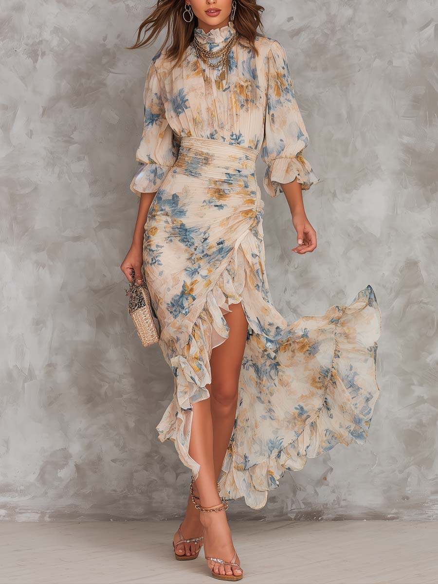 EVELYN | OIL PAINTING FLORAL CHIFFON MAXI DRESS