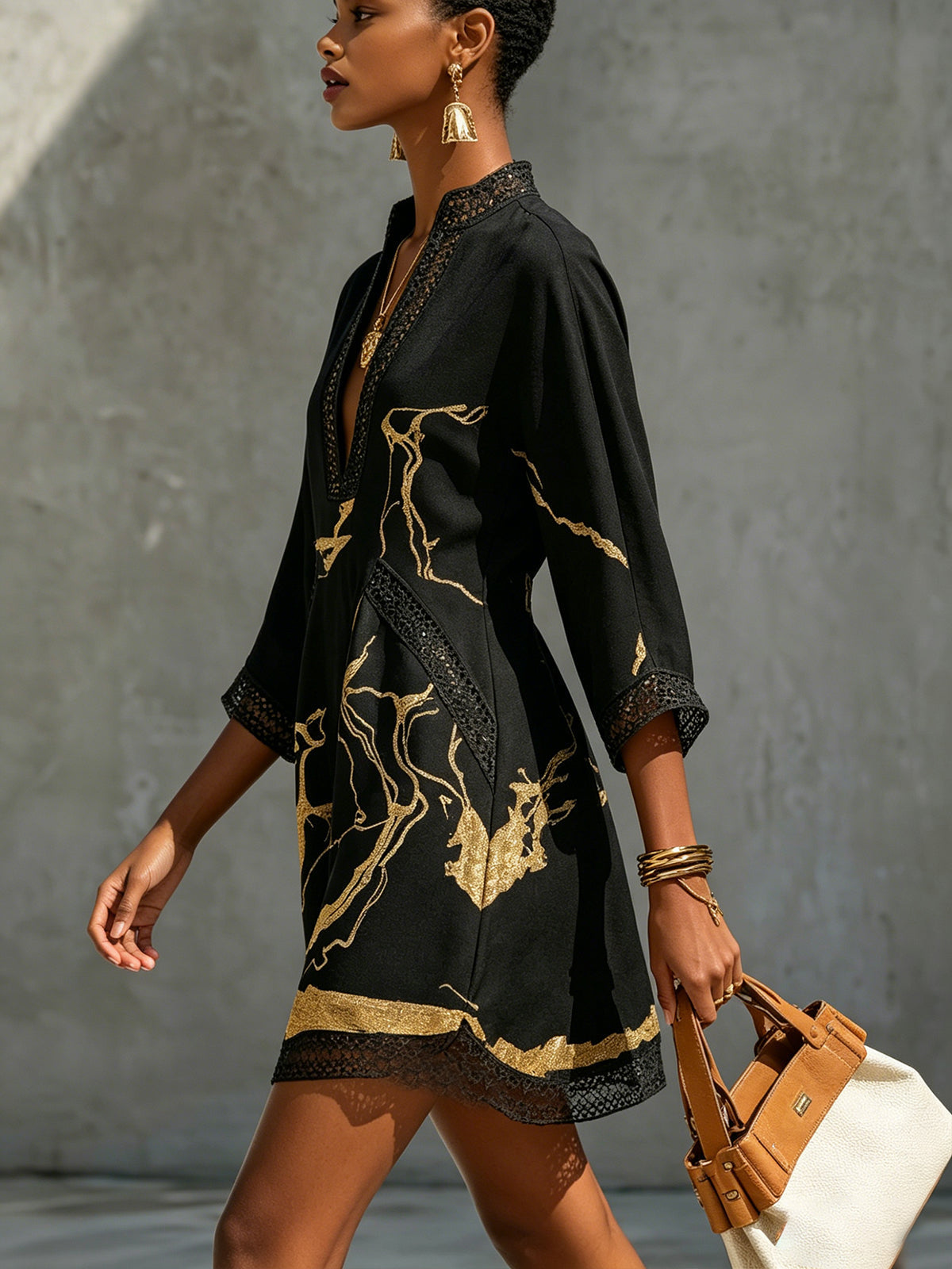 DONATELLA | BLACK MINI DRESS WITH GOLD MARBLE PRINT