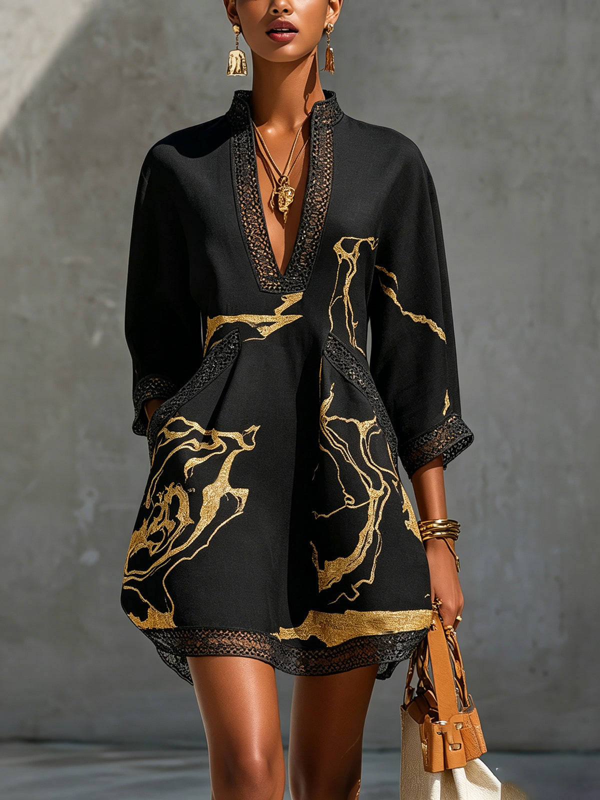DONATELLA | BLACK MINI DRESS WITH GOLD MARBLE PRINT