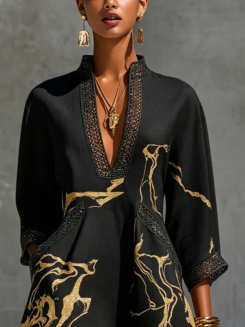DONATELLA | BLACK MINI DRESS WITH GOLD MARBLE PRINT