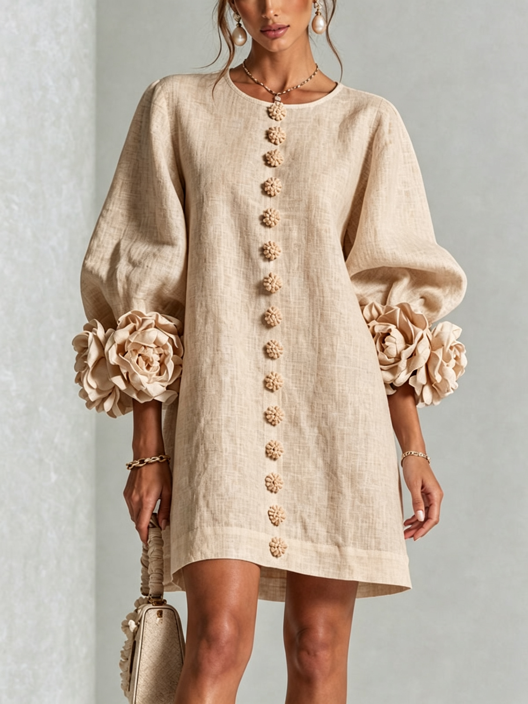 VYNEXA | FLORAL-CUFF BUTTON-FRONT MINI DRESS
