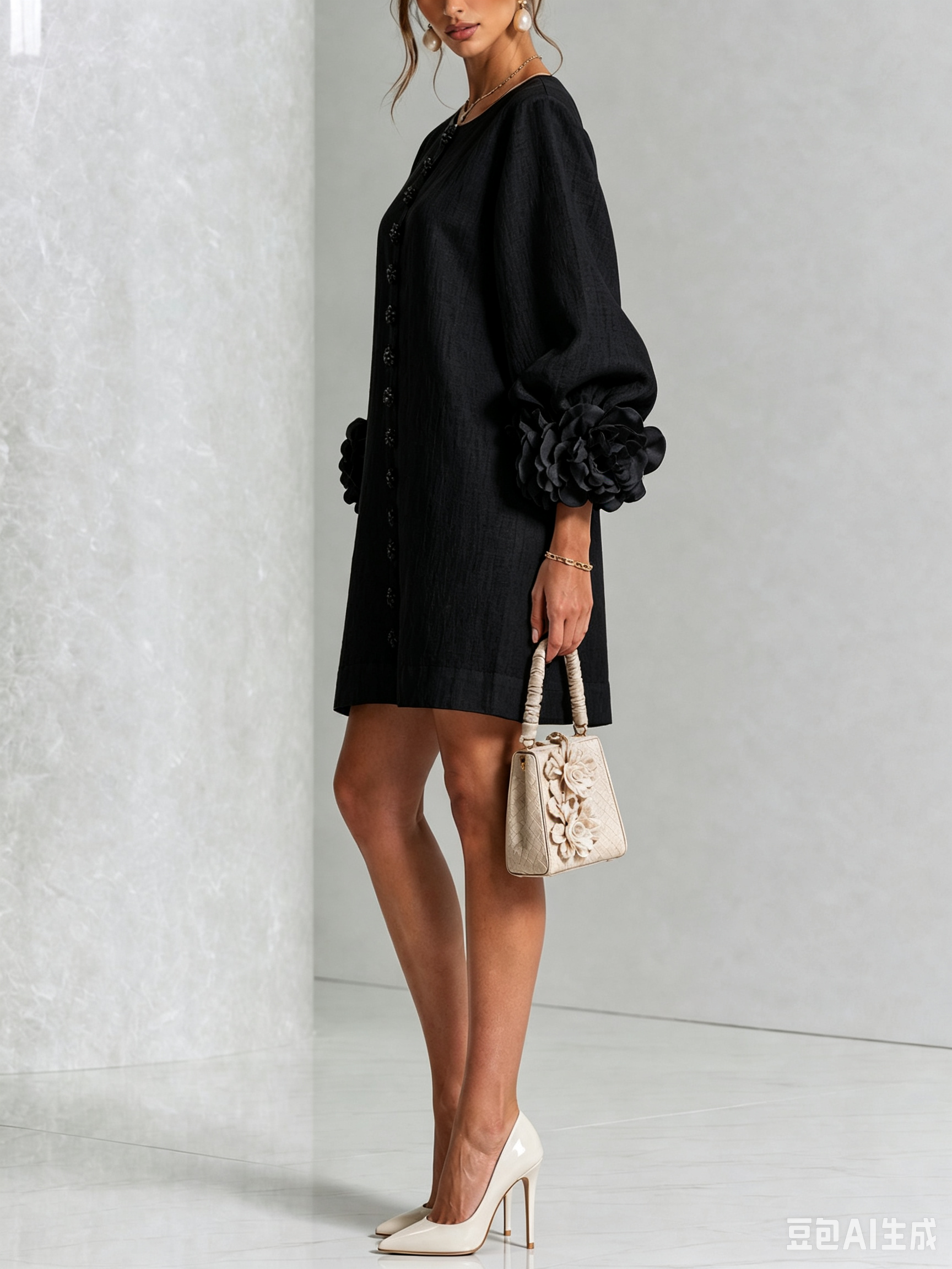 VYNEXA | FLORAL-CUFF BUTTON-FRONT MINI DRESS