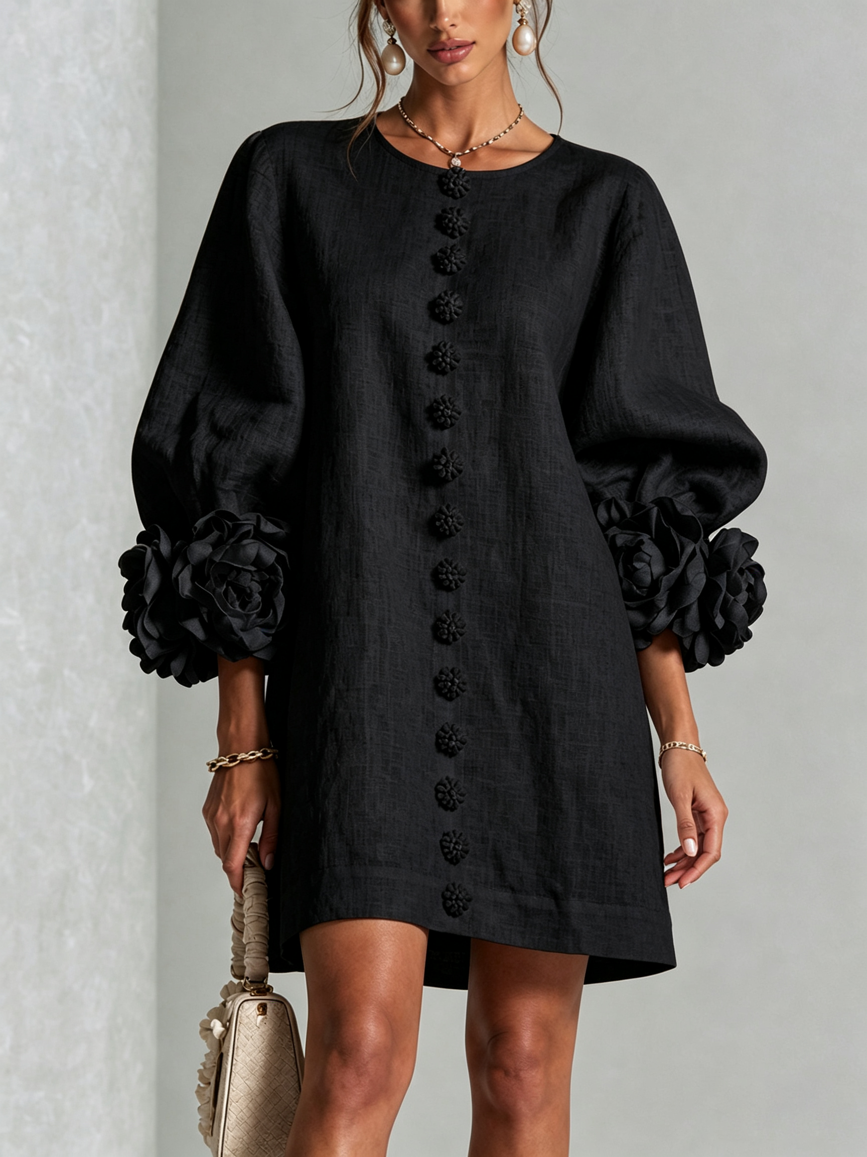 VYNEXA | FLORAL-CUFF BUTTON-FRONT MINI DRESS