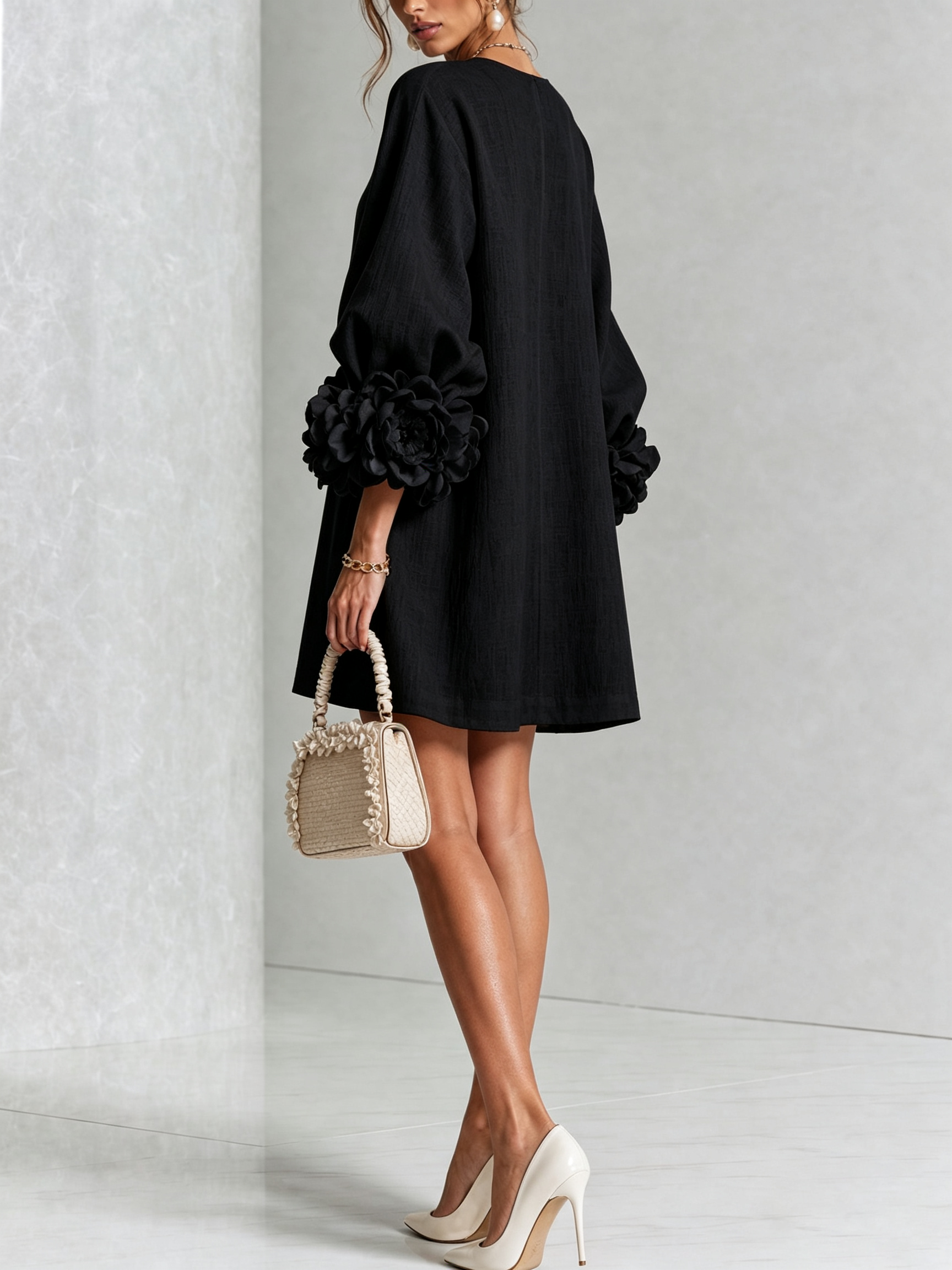 VYNEXA | FLORAL-CUFF BUTTON-FRONT MINI DRESS