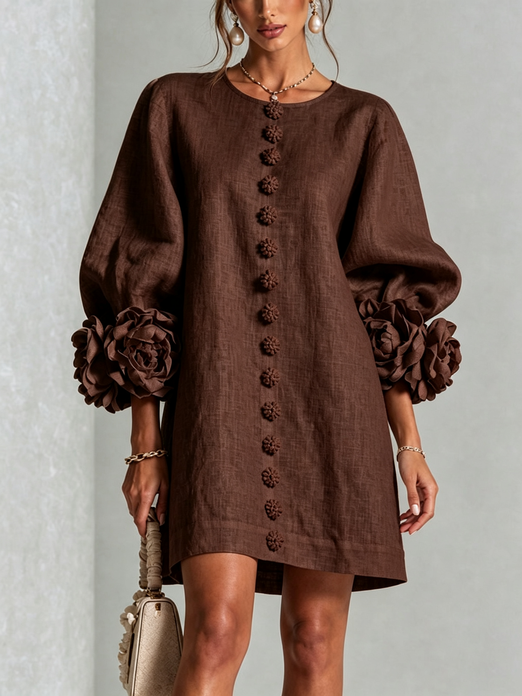 VYNEXA | FLORAL-CUFF BUTTON-FRONT MINI DRESS