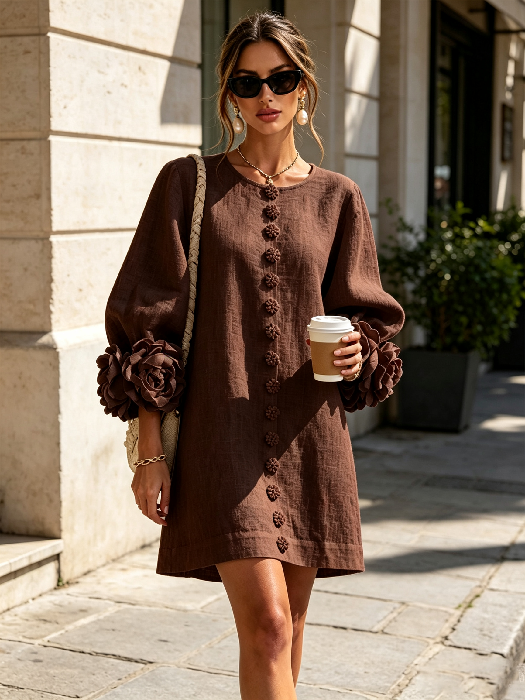 VYNEXA | FLORAL-CUFF BUTTON-FRONT MINI DRESS