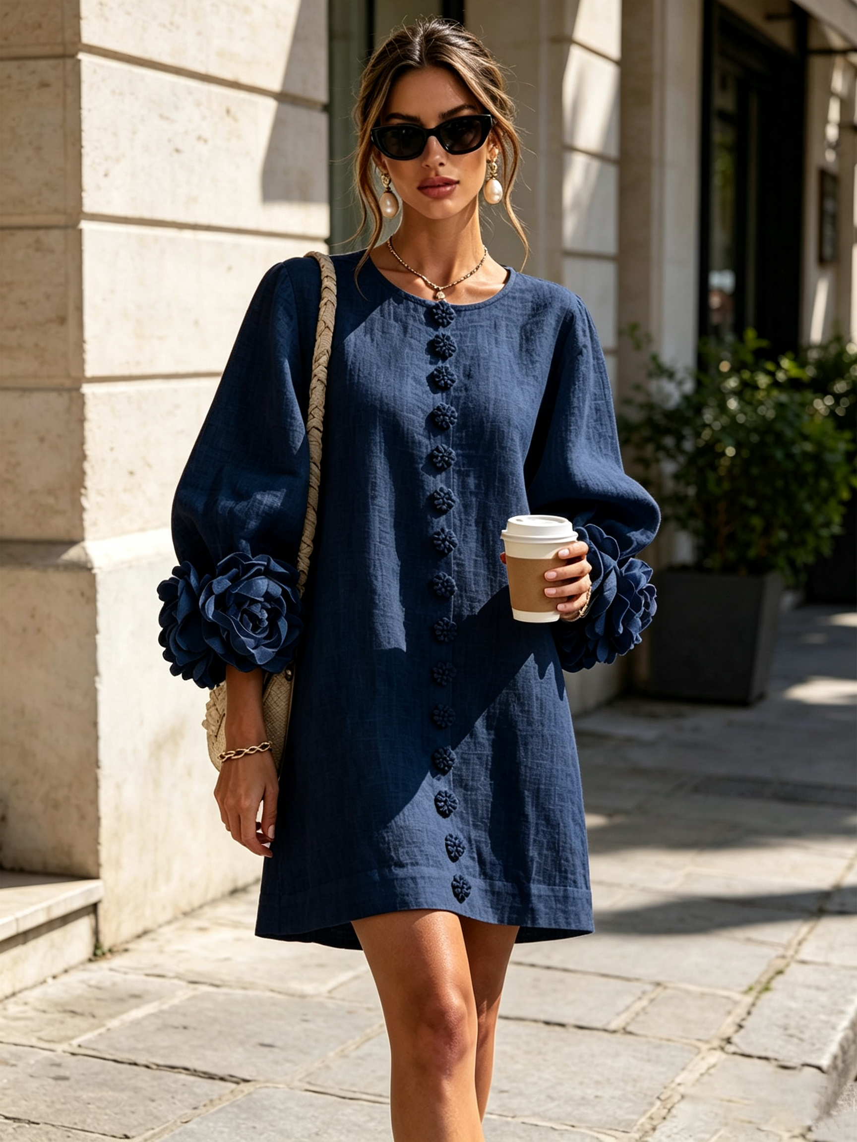 VYNEXA | FLORAL-CUFF BUTTON-FRONT MINI DRESS