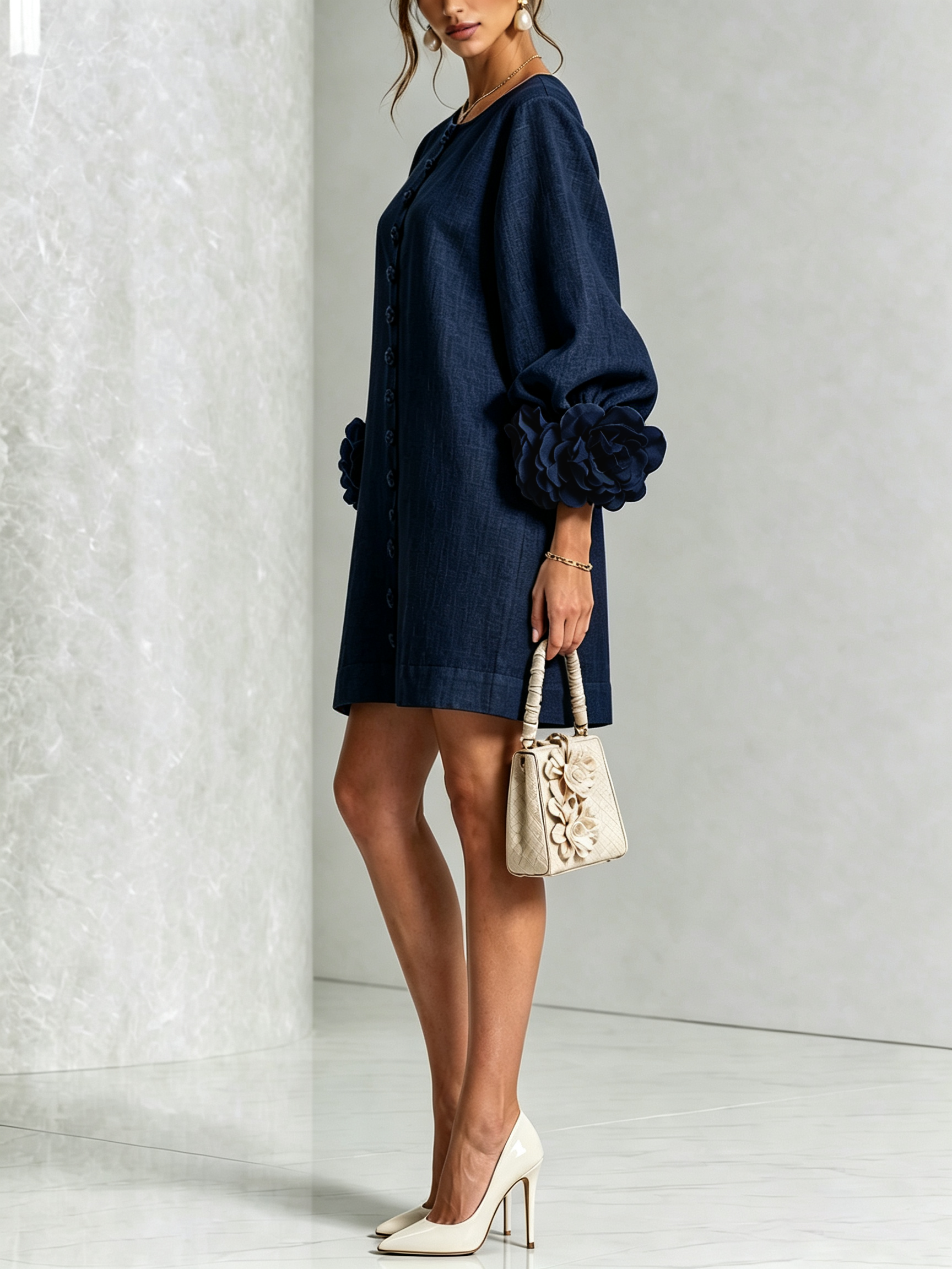 VYNEXA | FLORAL-CUFF BUTTON-FRONT MINI DRESS