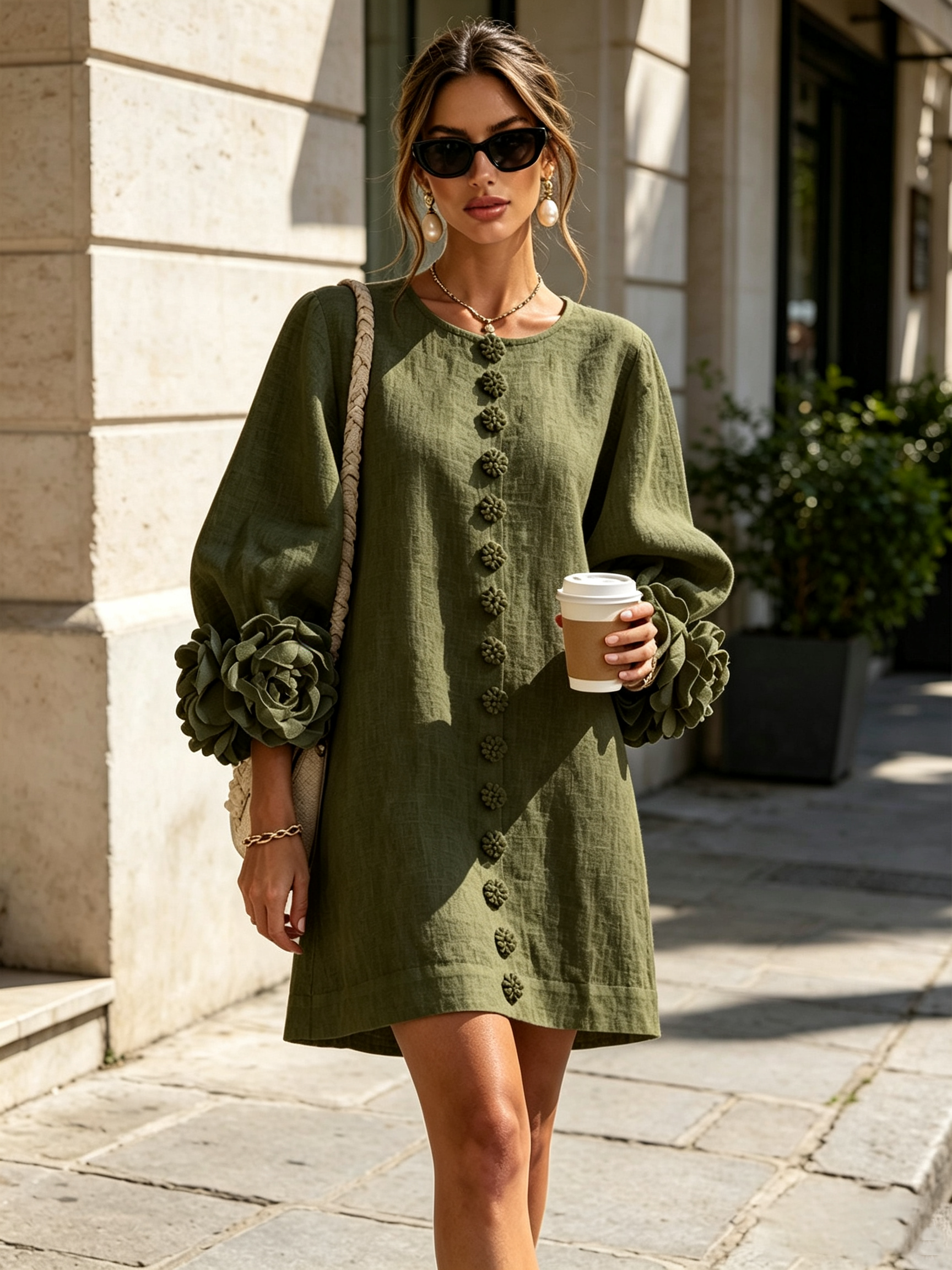 VYNEXA | FLORAL-CUFF BUTTON-FRONT MINI DRESS