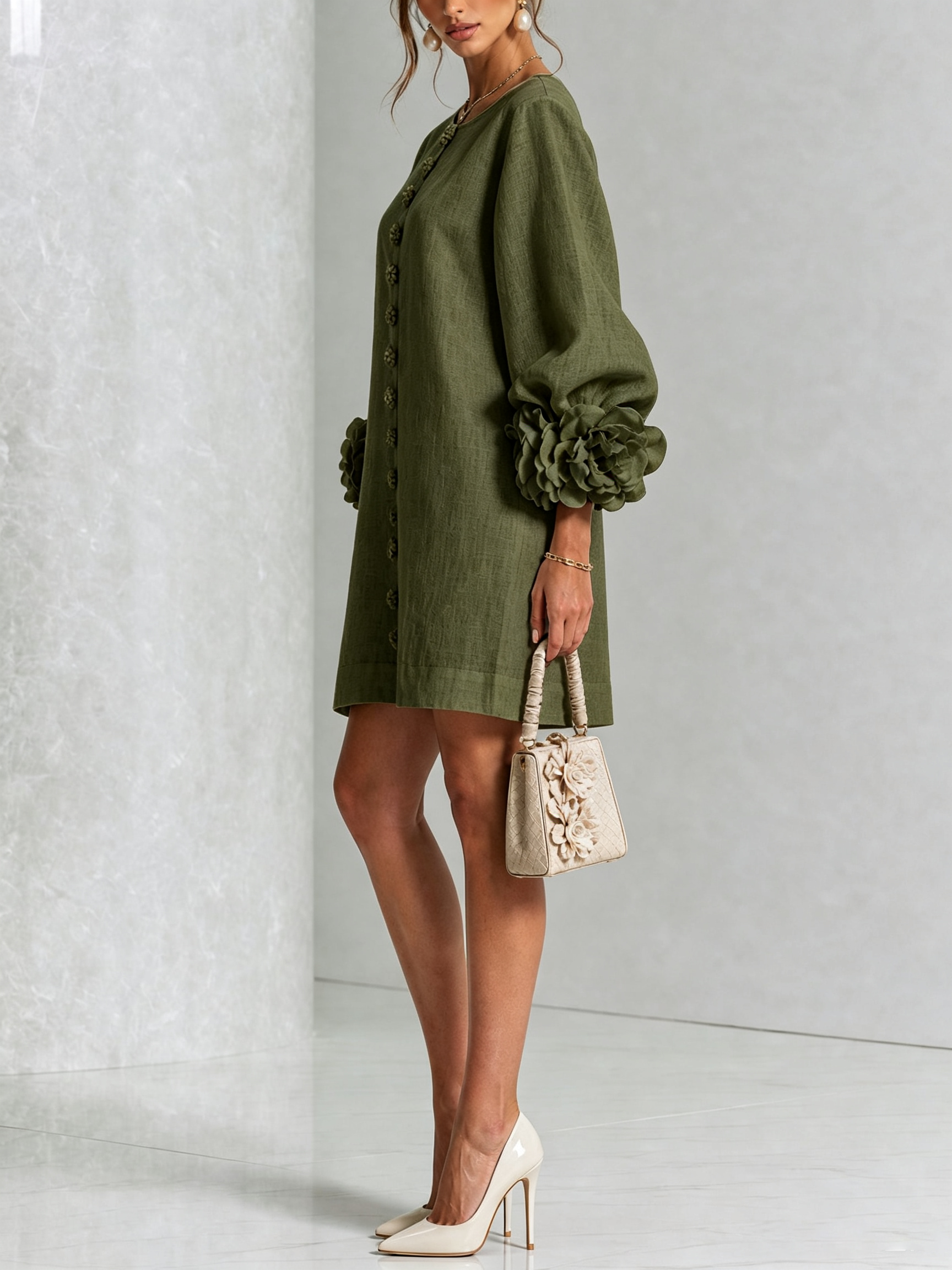 VYNEXA | FLORAL-CUFF BUTTON-FRONT MINI DRESS