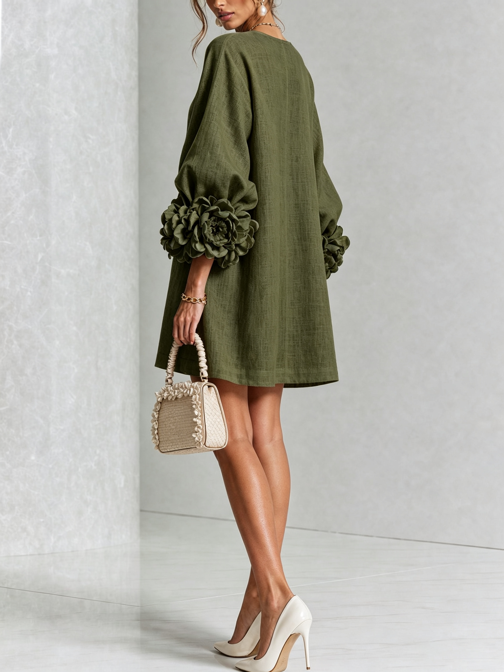 VYNEXA | FLORAL-CUFF BUTTON-FRONT MINI DRESS