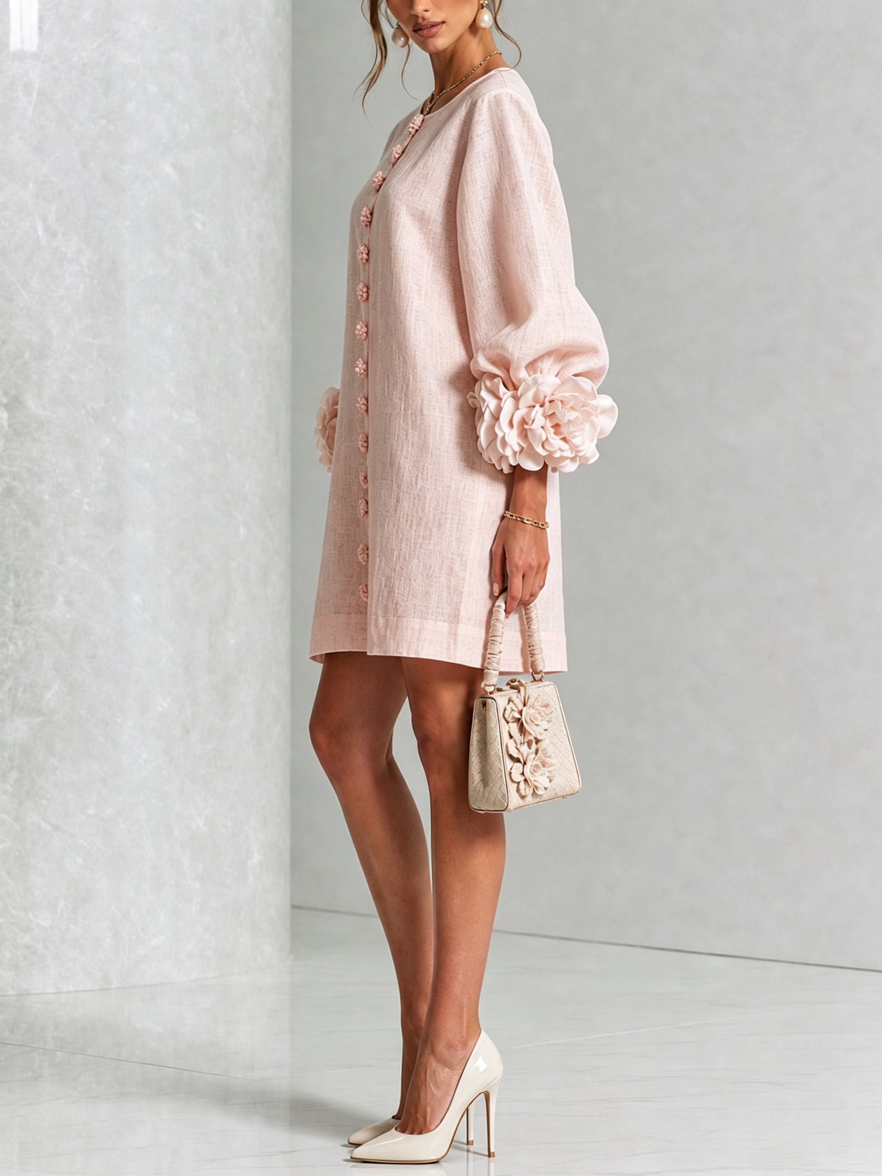 VYNEXA | FLORAL-CUFF BUTTON-FRONT MINI DRESS