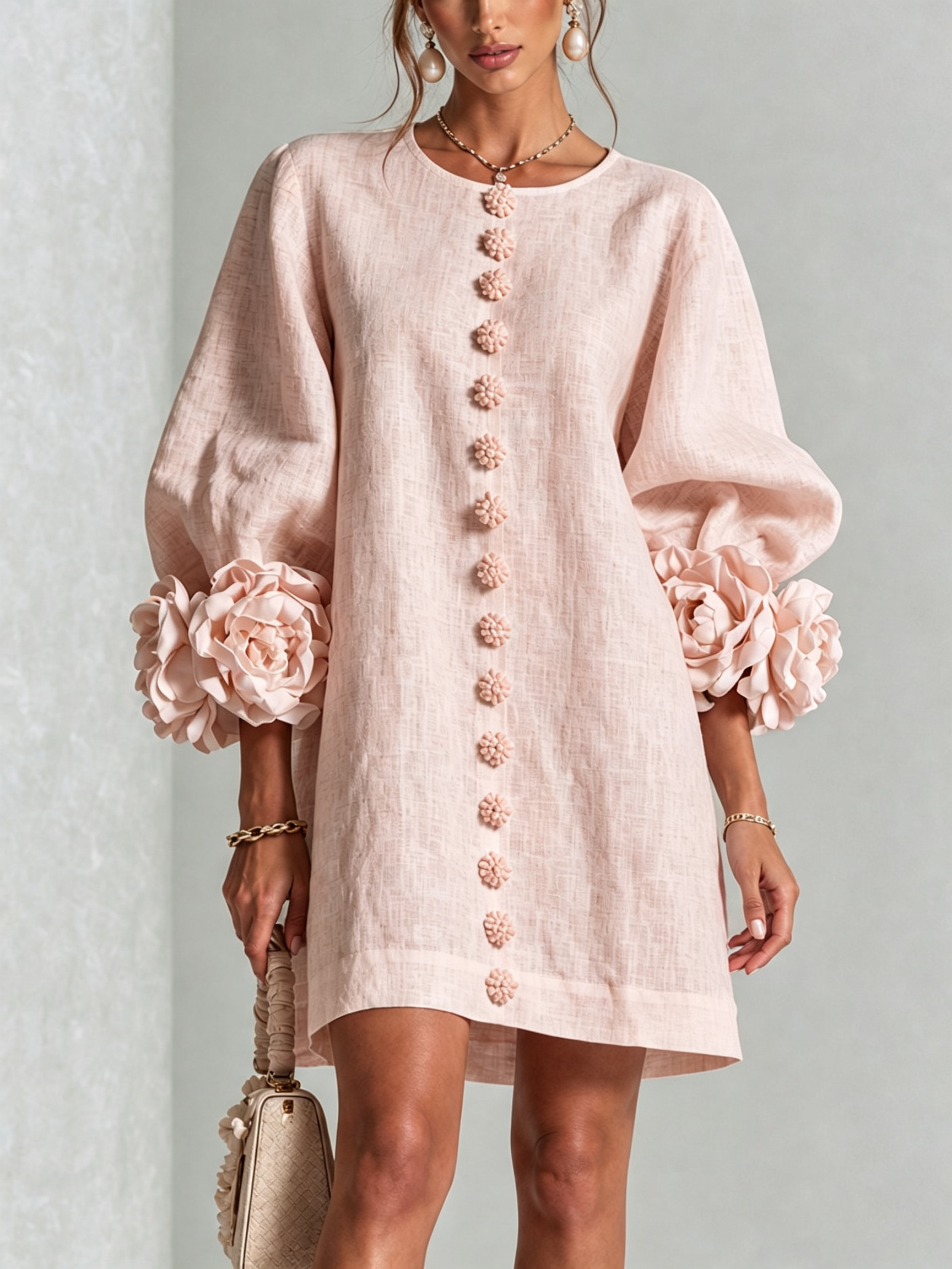 VYNEXA | FLORAL-CUFF BUTTON-FRONT MINI DRESS