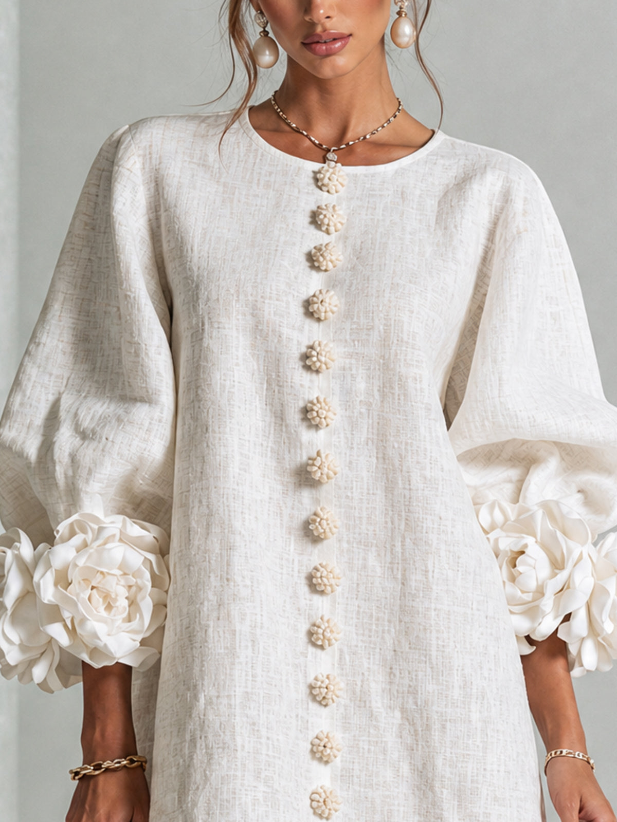 VYNEXA | FLORAL-CUFF BUTTON-FRONT MINI DRESS