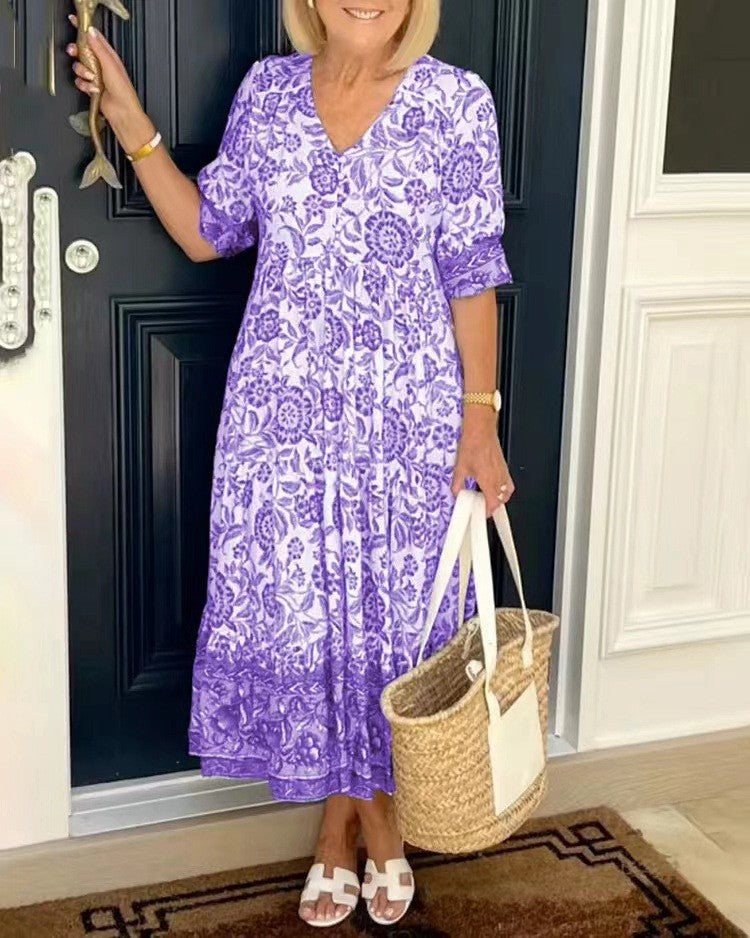 VELORA | GRACEFUL V-NECK FLORAL DRESS