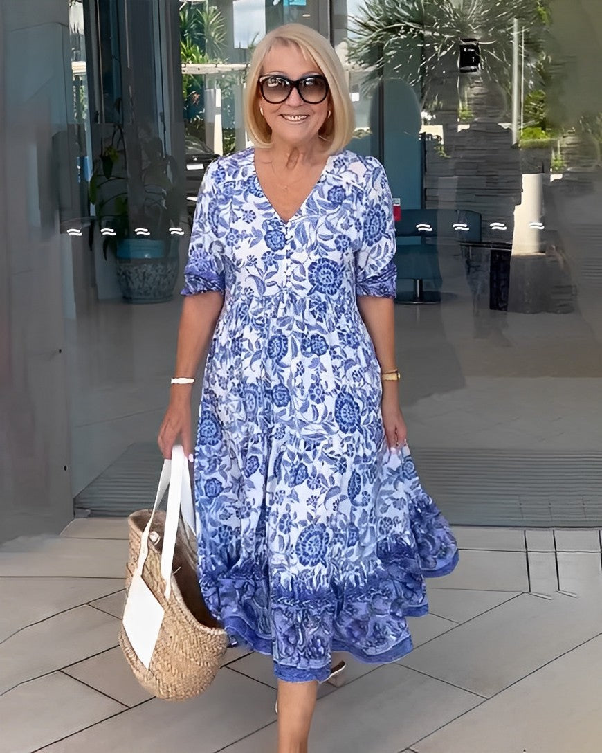 VELORA | GRACEFUL V-NECK FLORAL DRESS