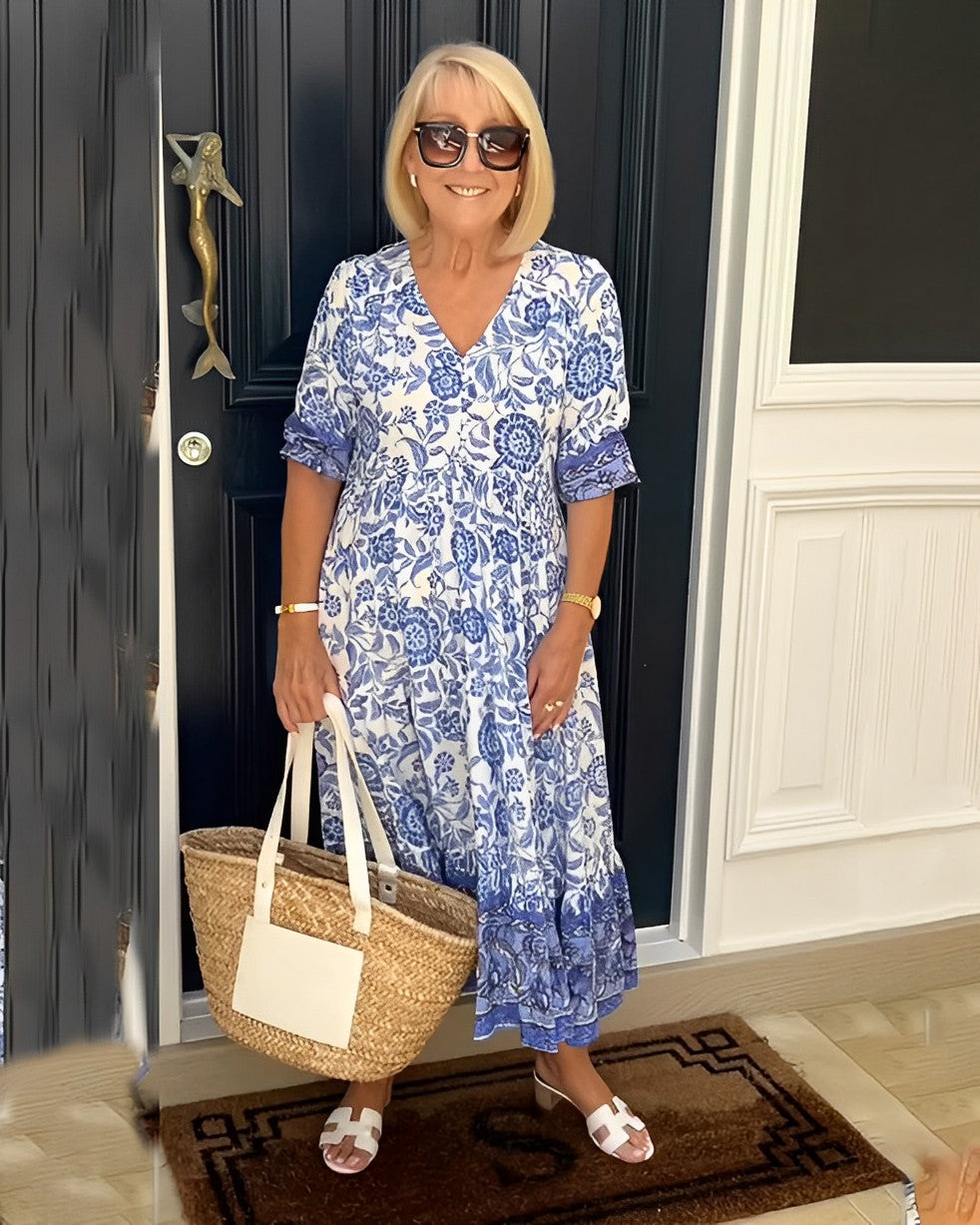 VELORA | GRACEFUL V-NECK FLORAL DRESS