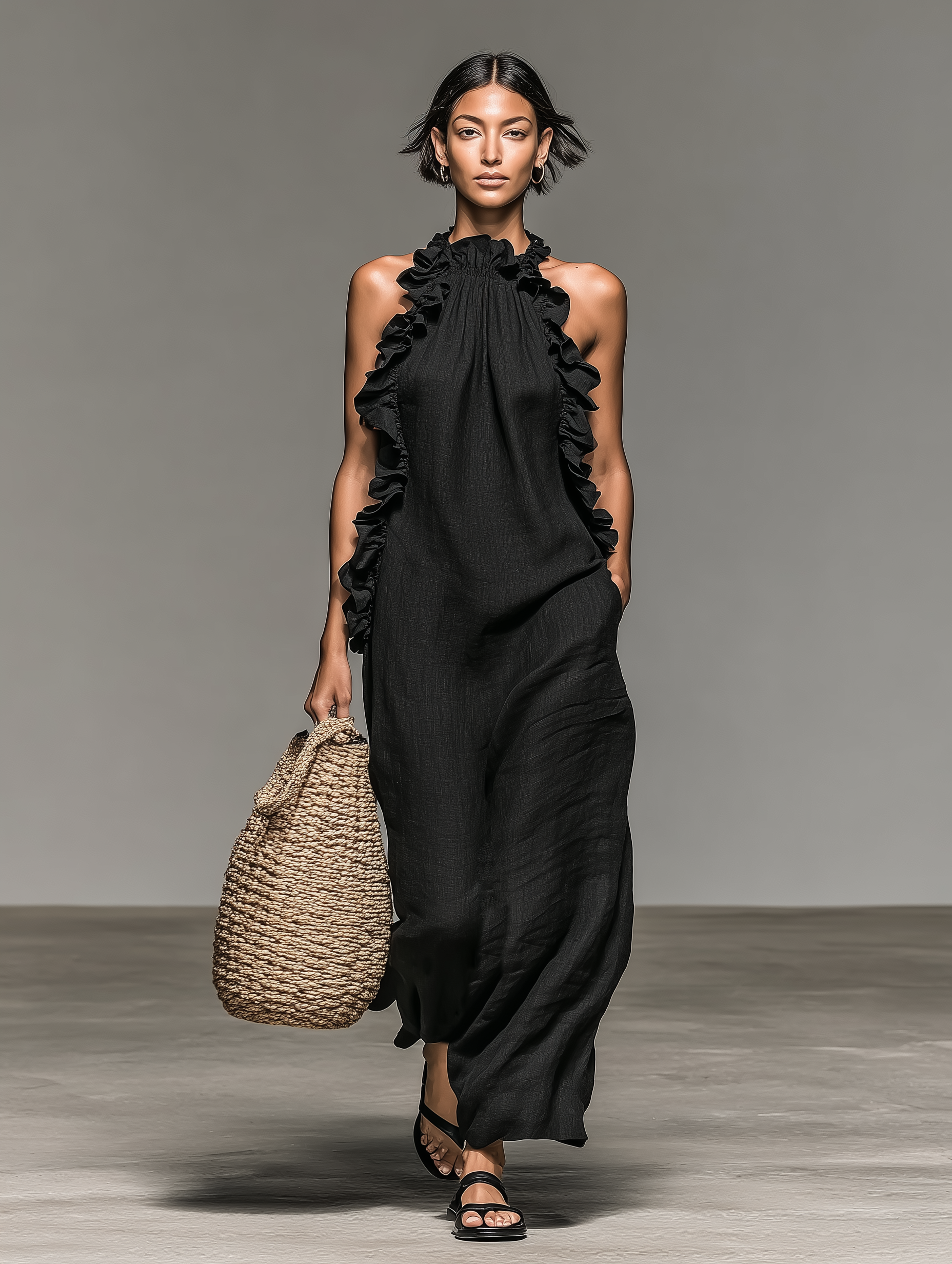 MADELEINE | RUFFLE-NECK MAXI DRESS WITH POCKETS