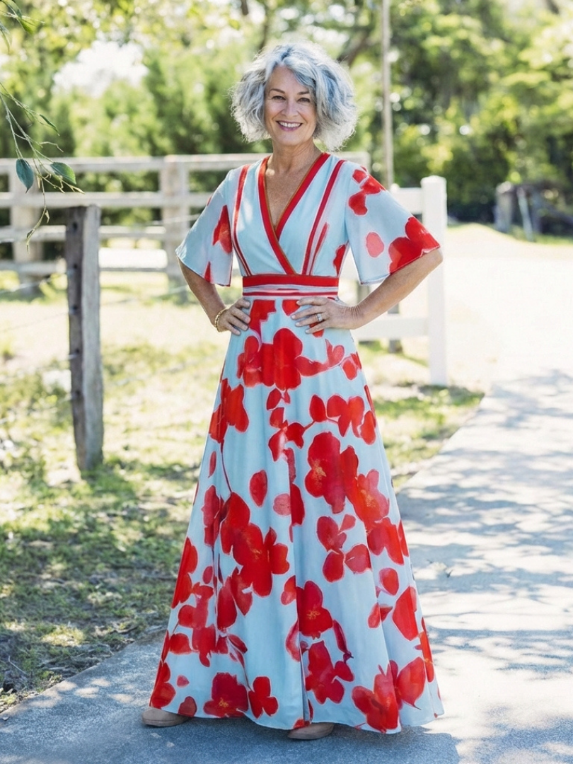AURELIA | V NECK SHORT SLEEVE FLORAL MAXI DRESS
