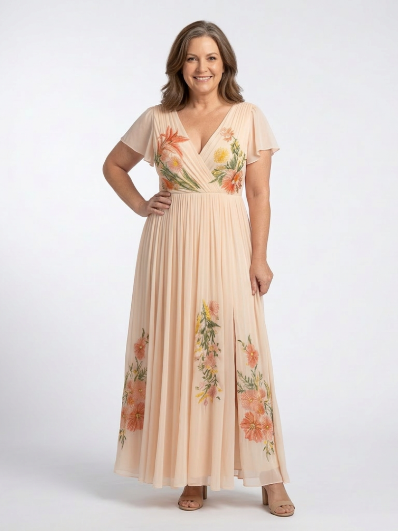 OTTILIE | V NECK SHORT SLEEVE PLEATED FLORAL MAXI DRESS