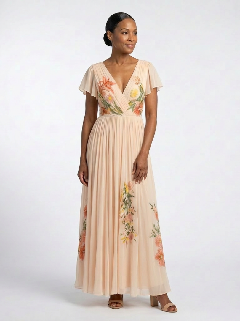 OTTILIE | V NECK SHORT SLEEVE PLEATED FLORAL MAXI DRESS