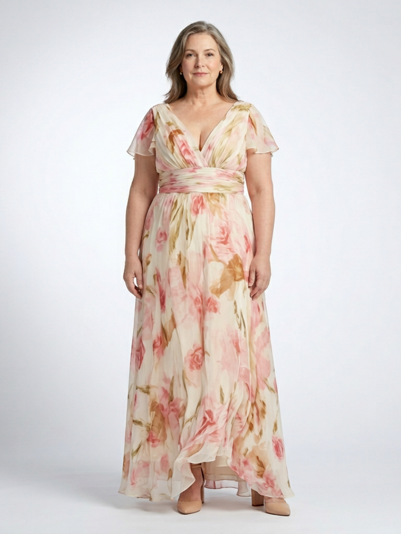 MARCELINE | V NECK SHORT SLEEVE FLORAL MAXI DRESS