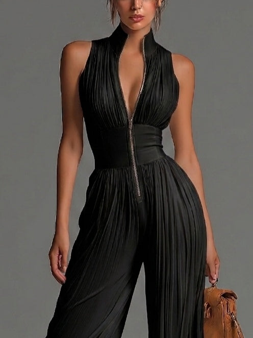 ROSELLA | ZIP-UP WIDE-LEG CHIFFON JUMPSUIT
