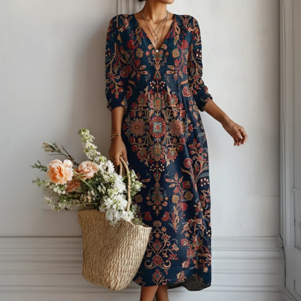 MARGARET | ELEGANT FLORAL MIDI DRESS WITH TUMMY COVERAGE