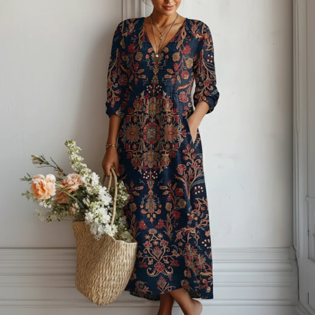 MARGARET | ELEGANT FLORAL MIDI DRESS WITH TUMMY COVERAGE