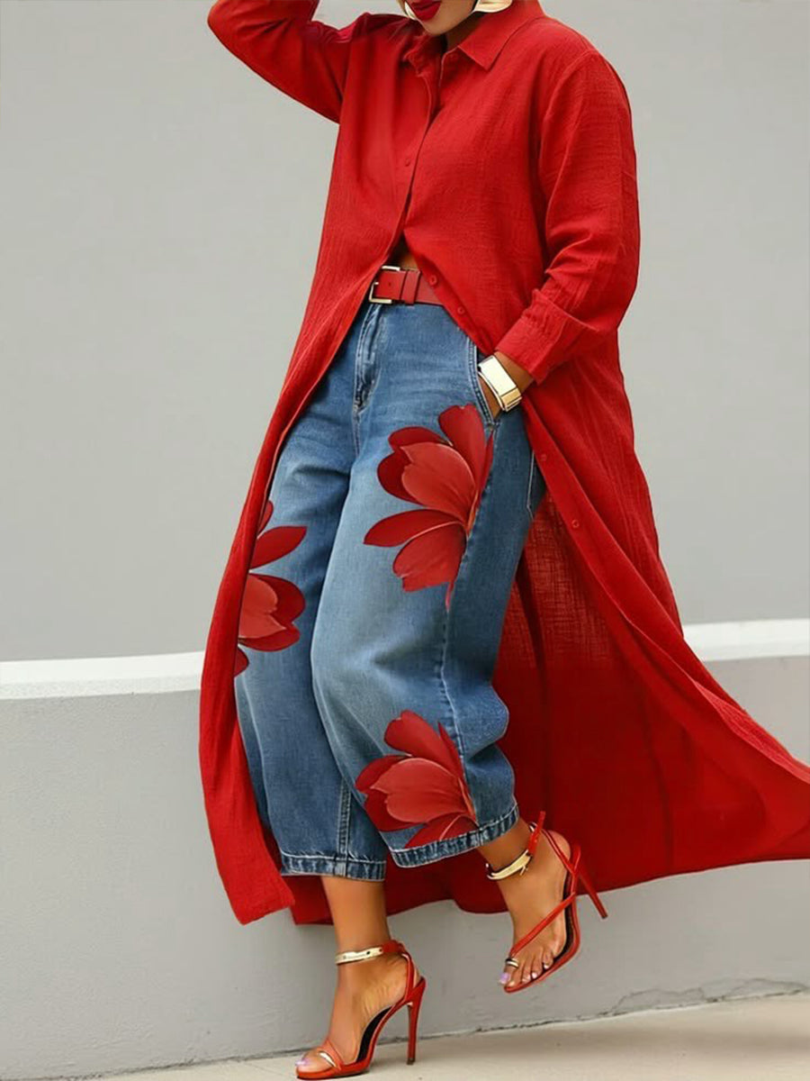 MIRA | FLORAL DENIM TWO-PIECE SHIRT SET