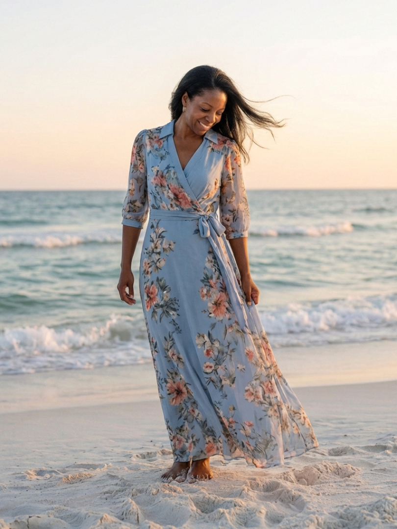 CLARA | FLORAL WRAP MAXI DRESS WITH TUMMY COVERAGE